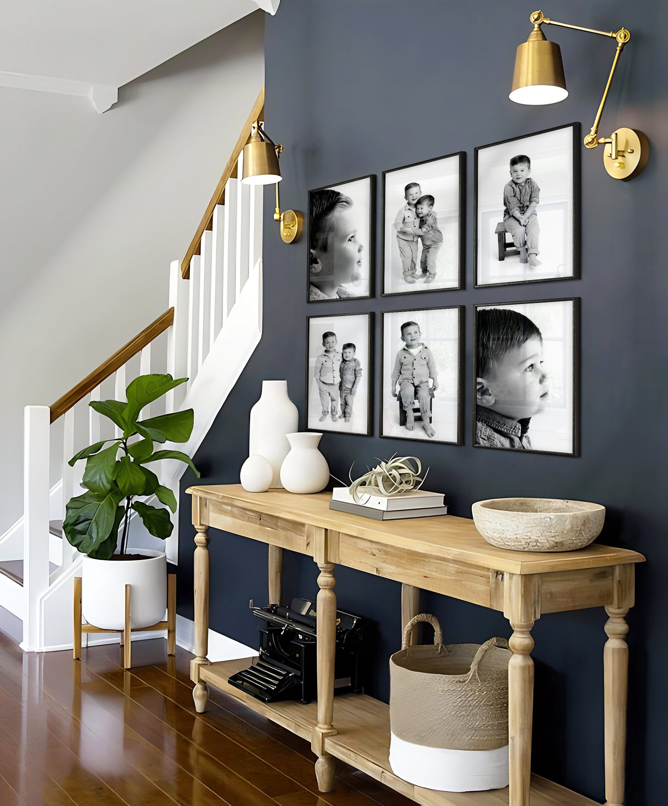 Wall art on a navy blue wall for Dallas baby photographer