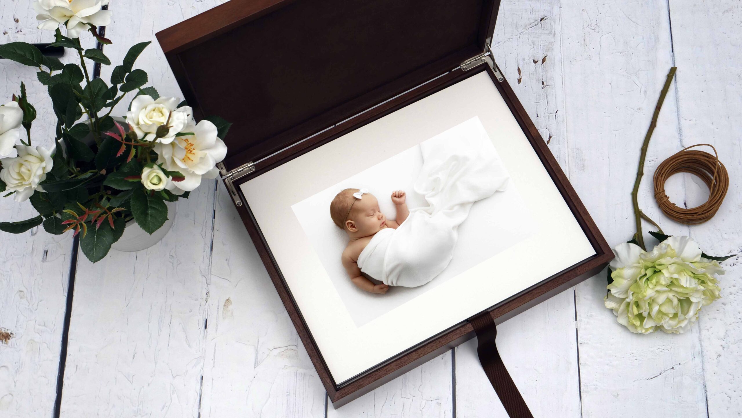 matted portrait prints in walnut box by baby photographer Dallas