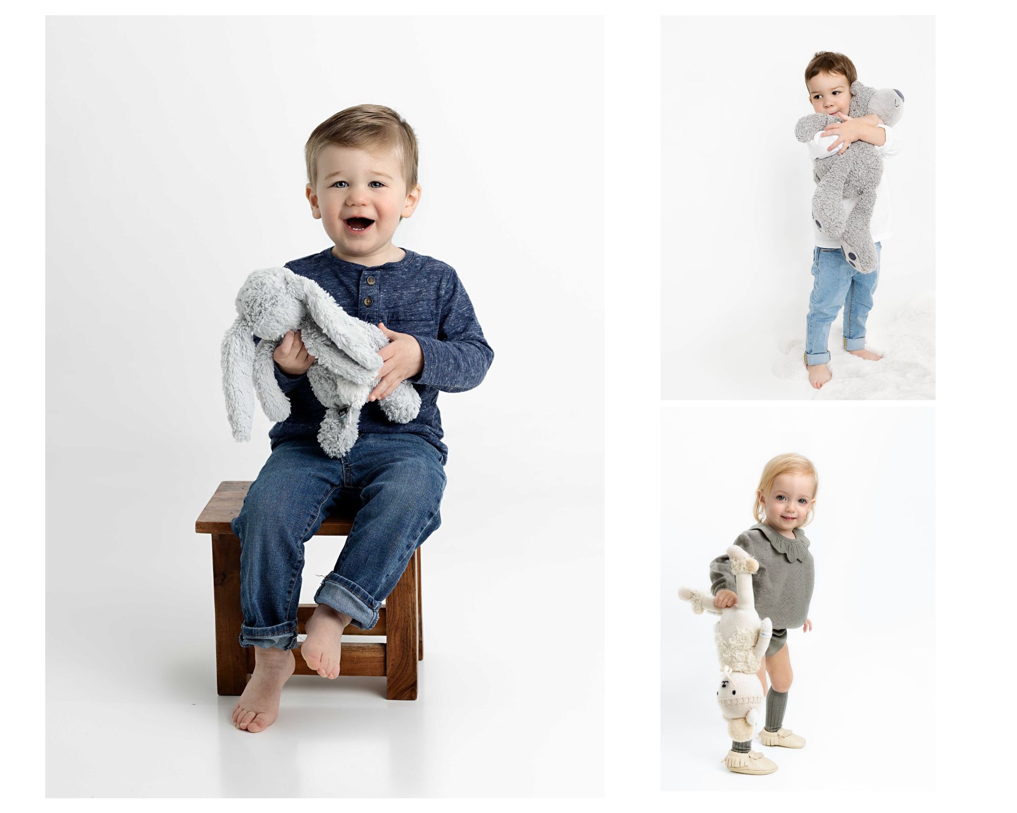 Three toddlers with stuffed animals by photography studio Dallas, TX