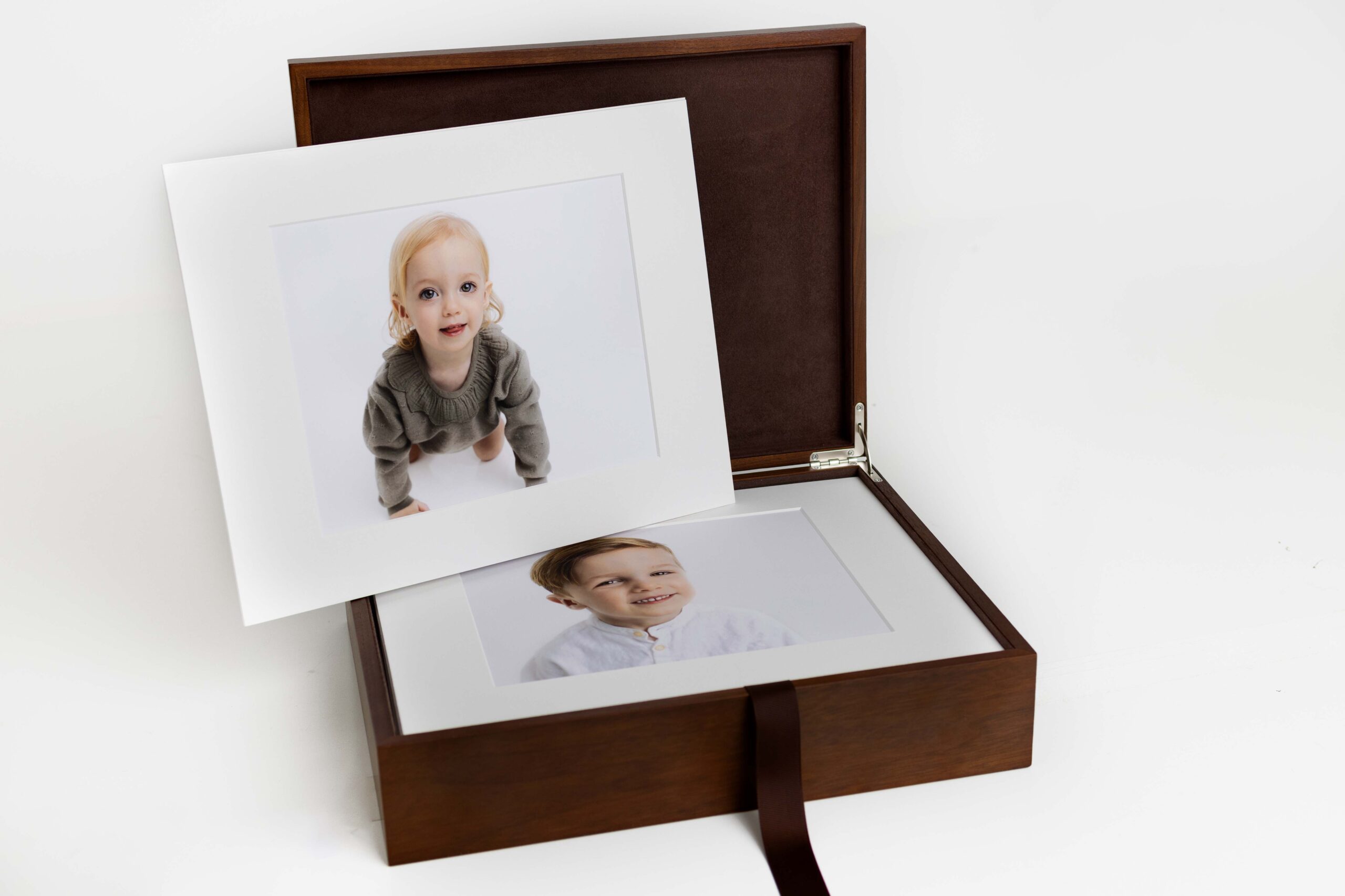 Wood box with matted portraits for Flower Mound Newborn Portraits