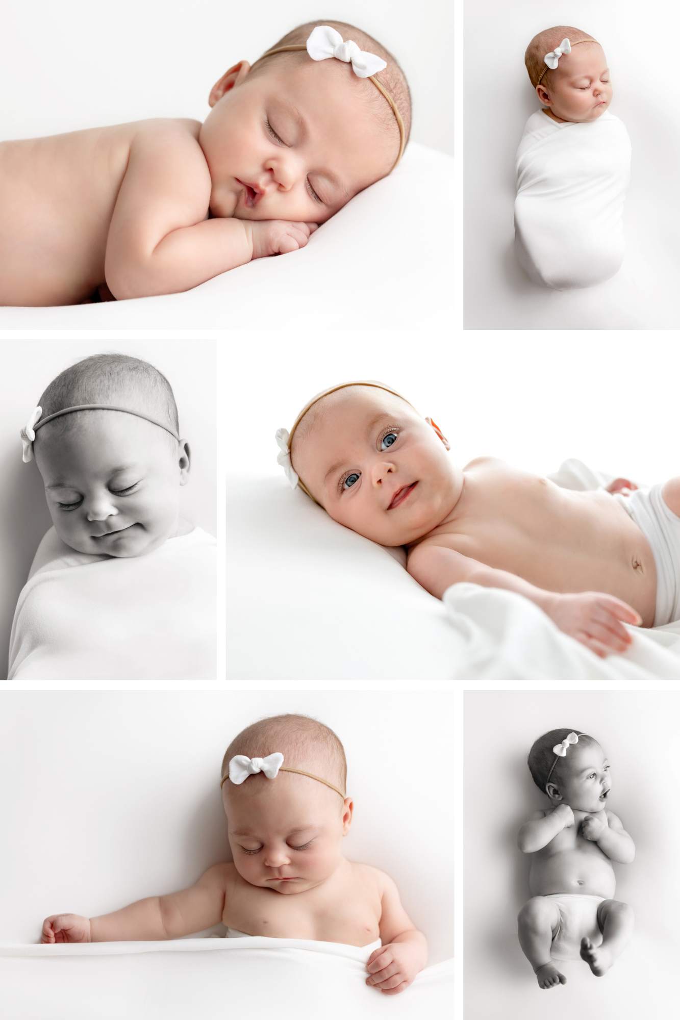 Newborn baby girl photo collage in color and black and white