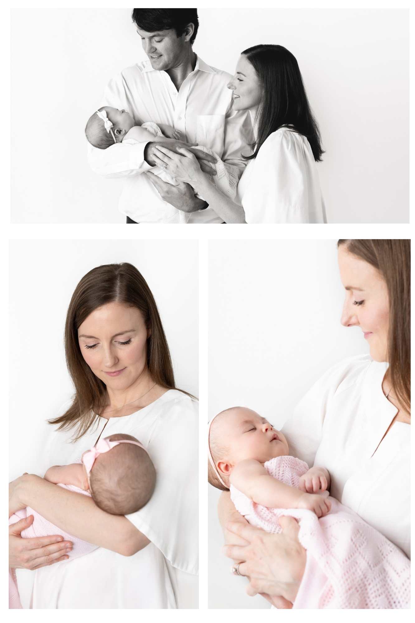 Collage of new mom in a white dress holding her baby